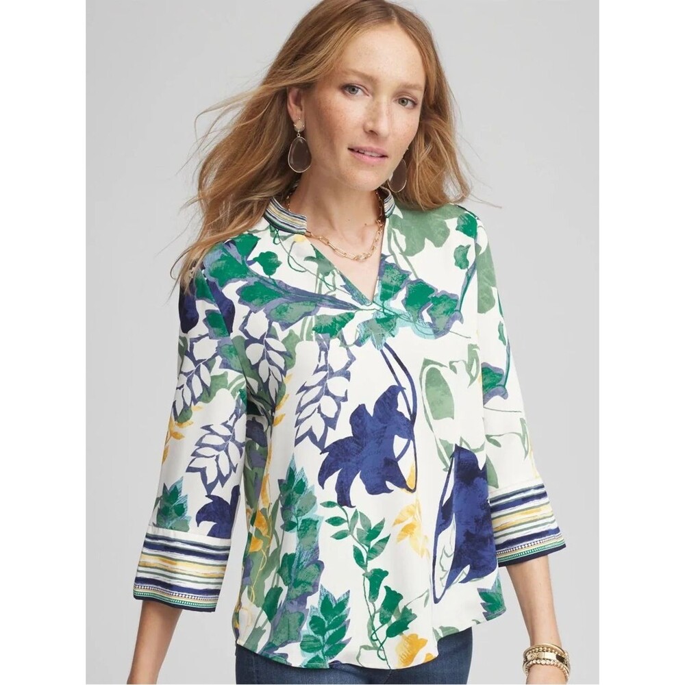 Chico's Floral Stand Collar Blouse SZ 0 US 4 V Neck 3/4 Sleeve Multi